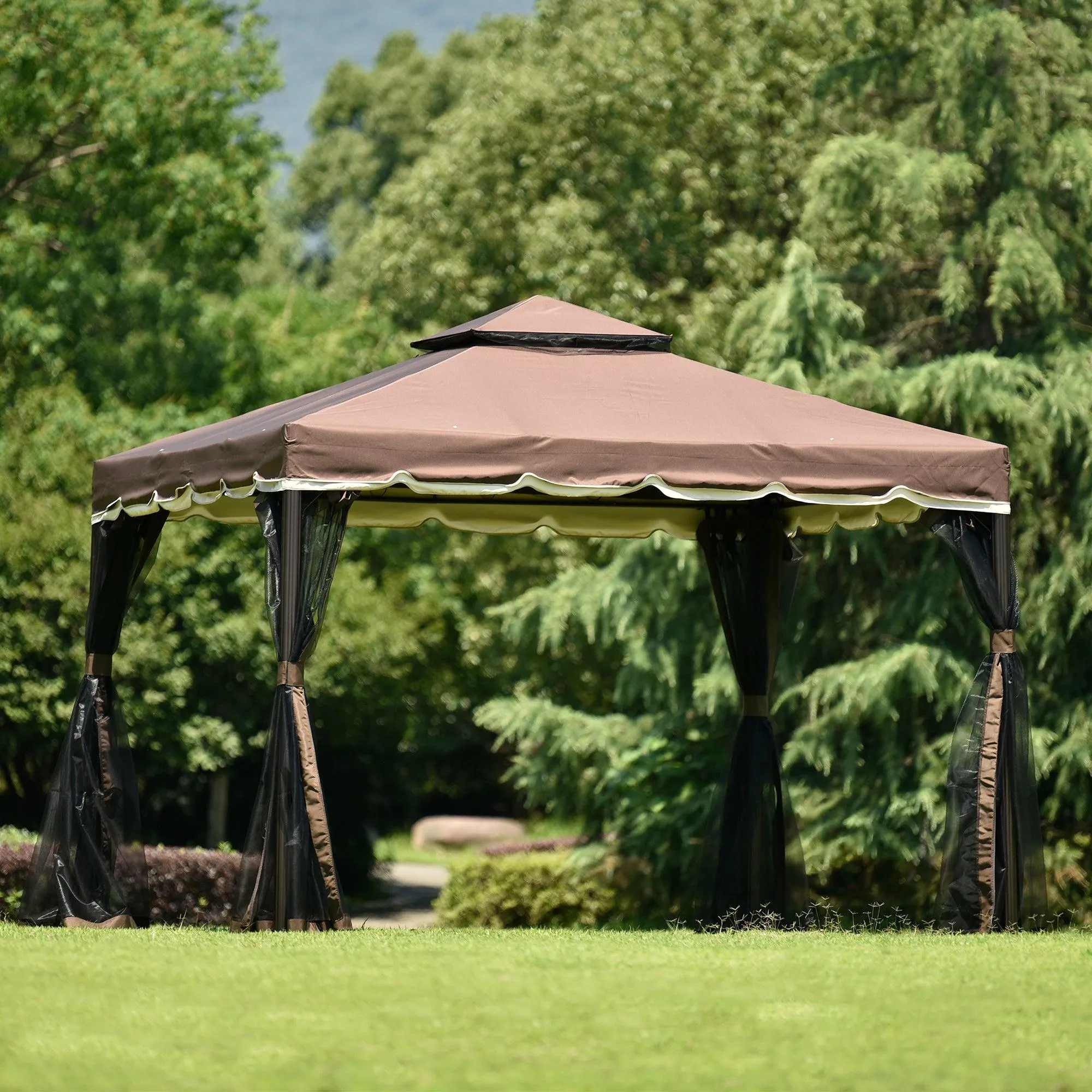 9.8Ft. Wx9.8Ft.LED Outdoor Iron Vented Dome Top Patio Gazebo with Netting for Backyard, Poolside and Deck, Brown