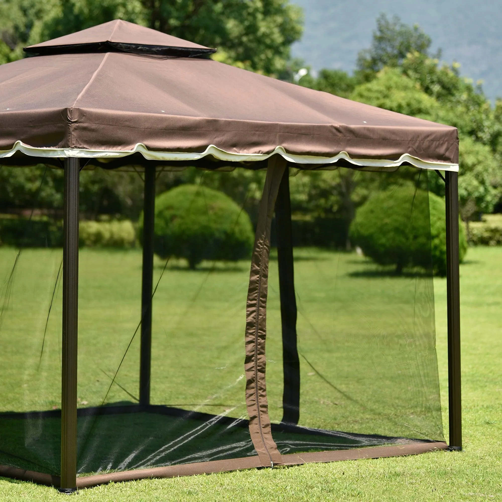 9.8Ft. Wx9.8Ft.LED Outdoor Iron Vented Dome Top Patio Gazebo with Netting for Backyard, Poolside and Deck, Brown