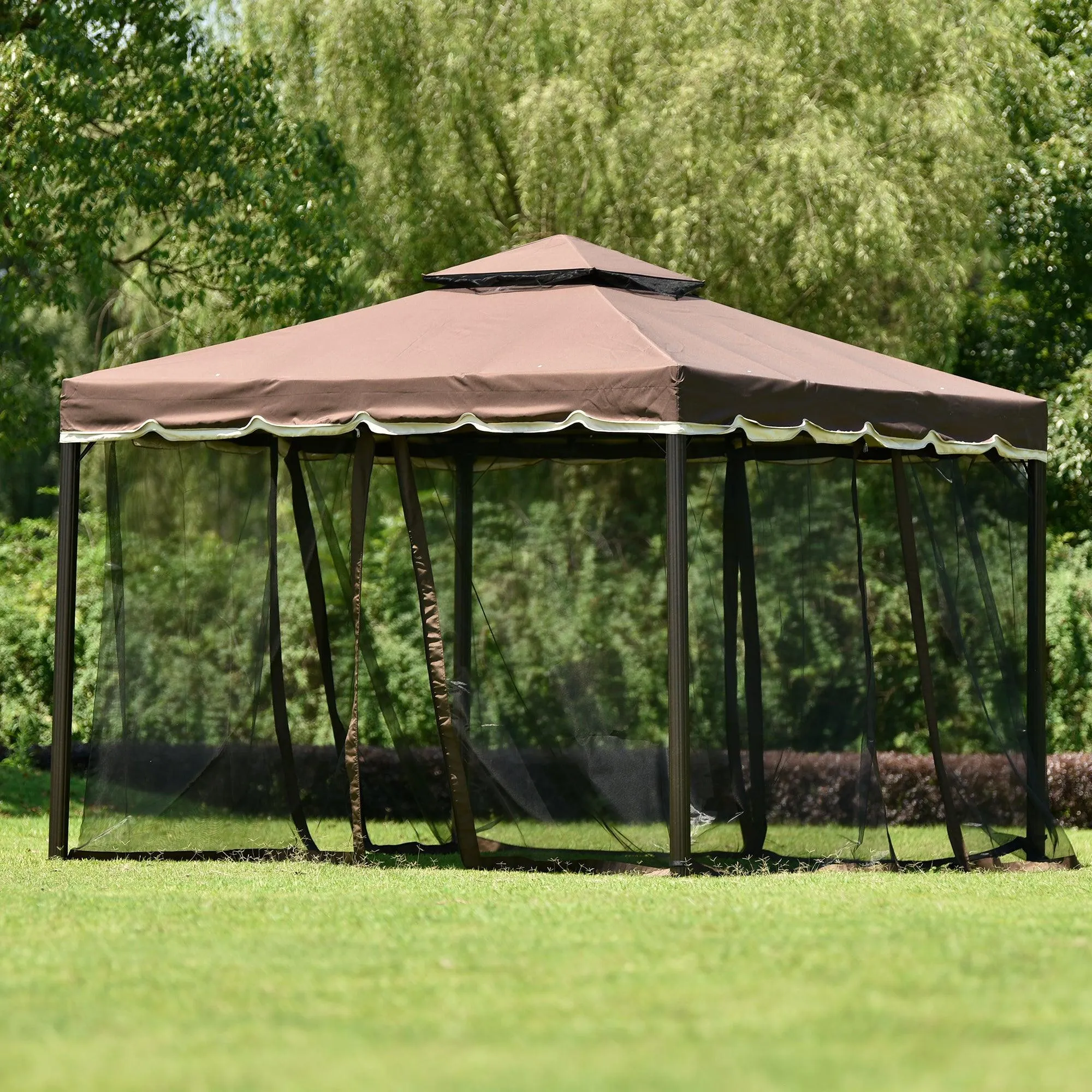 9.8Ft. Wx9.8Ft.LED Outdoor Iron Vented Dome Top Patio Gazebo with Netting for Backyard, Poolside and Deck, Brown