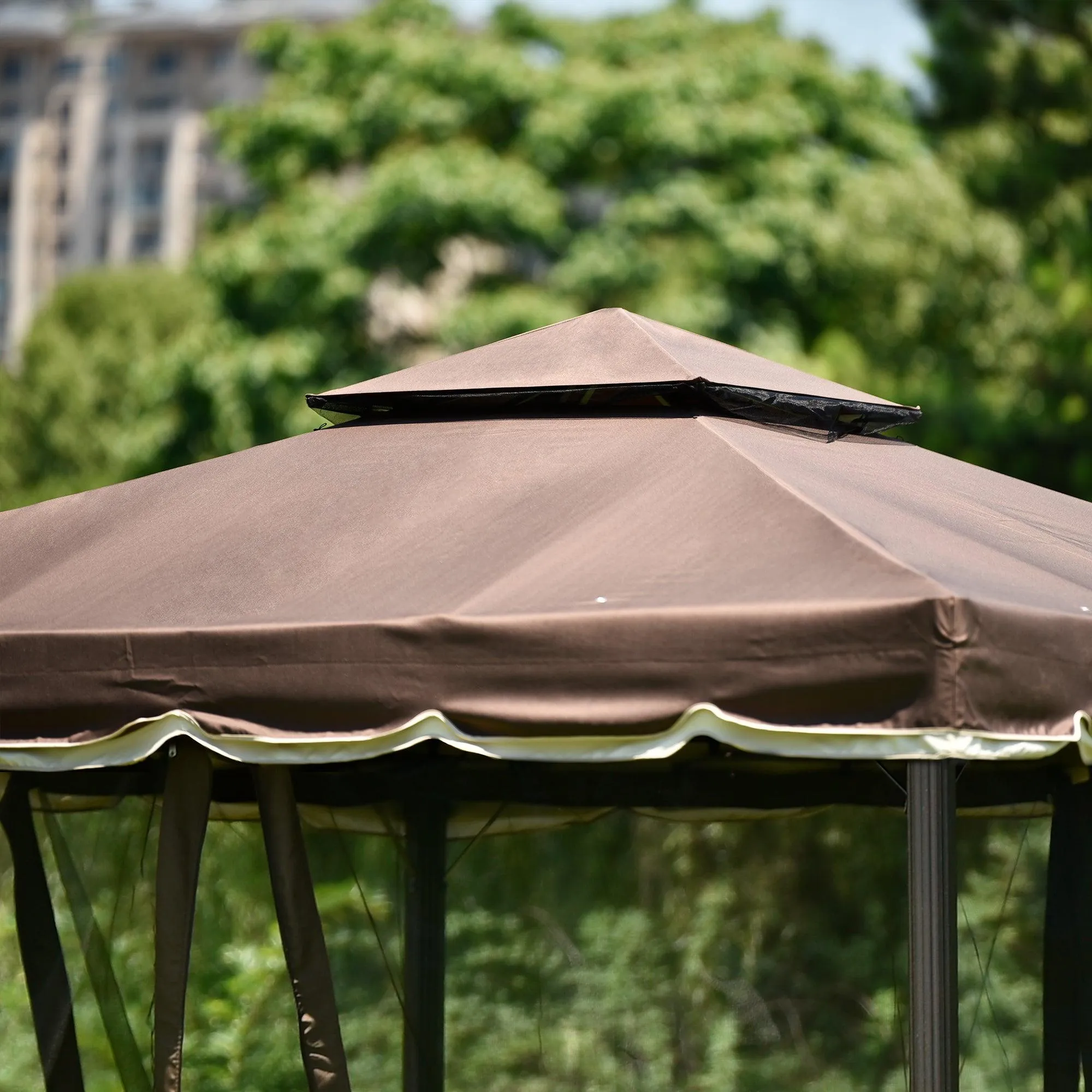 9.8Ft. Wx9.8Ft.LED Outdoor Iron Vented Dome Top Patio Gazebo with Netting for Backyard, Poolside and Deck, Brown