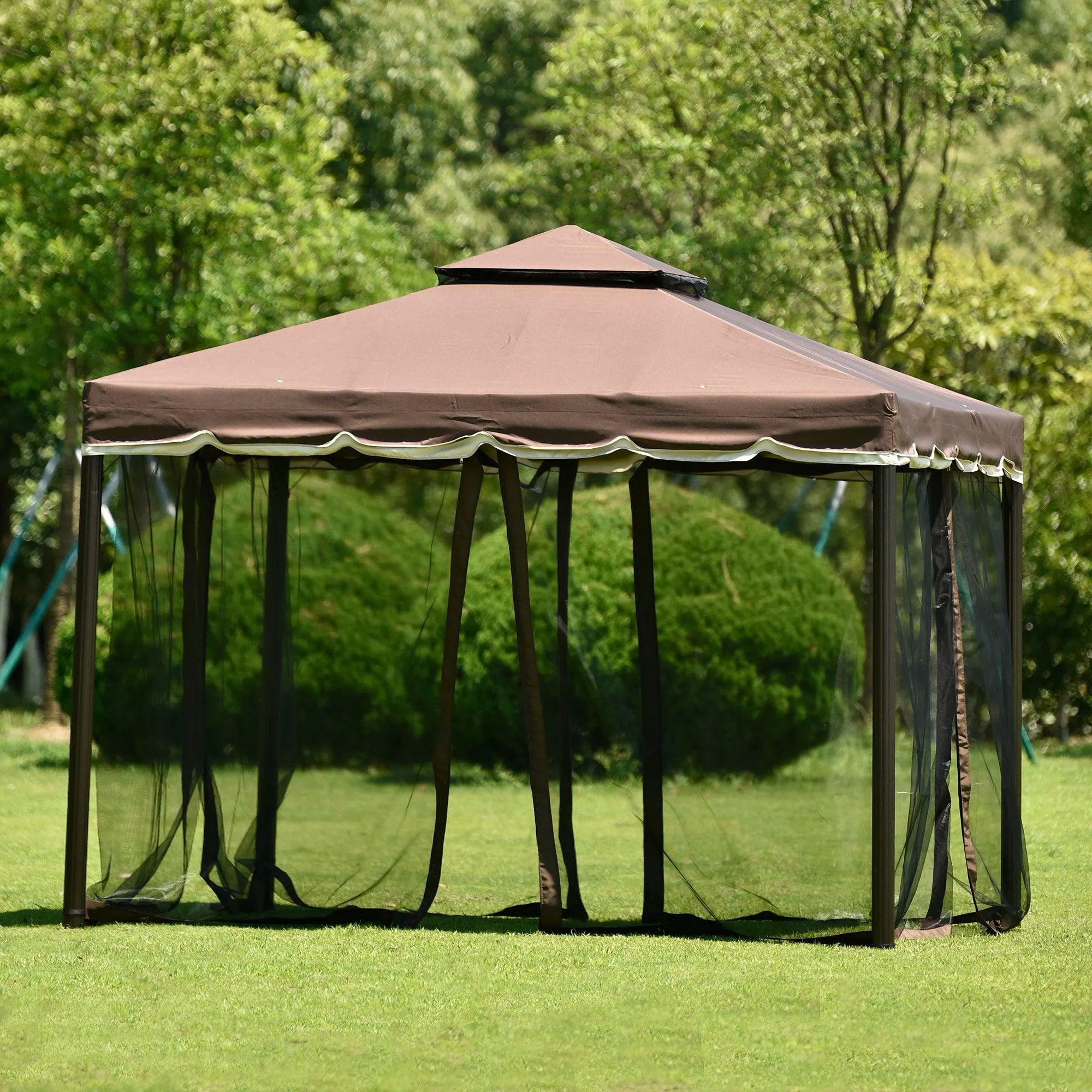 9.8Ft. Wx9.8Ft.LED Outdoor Iron Vented Dome Top Patio Gazebo with Netting for Backyard, Poolside and Deck, Brown