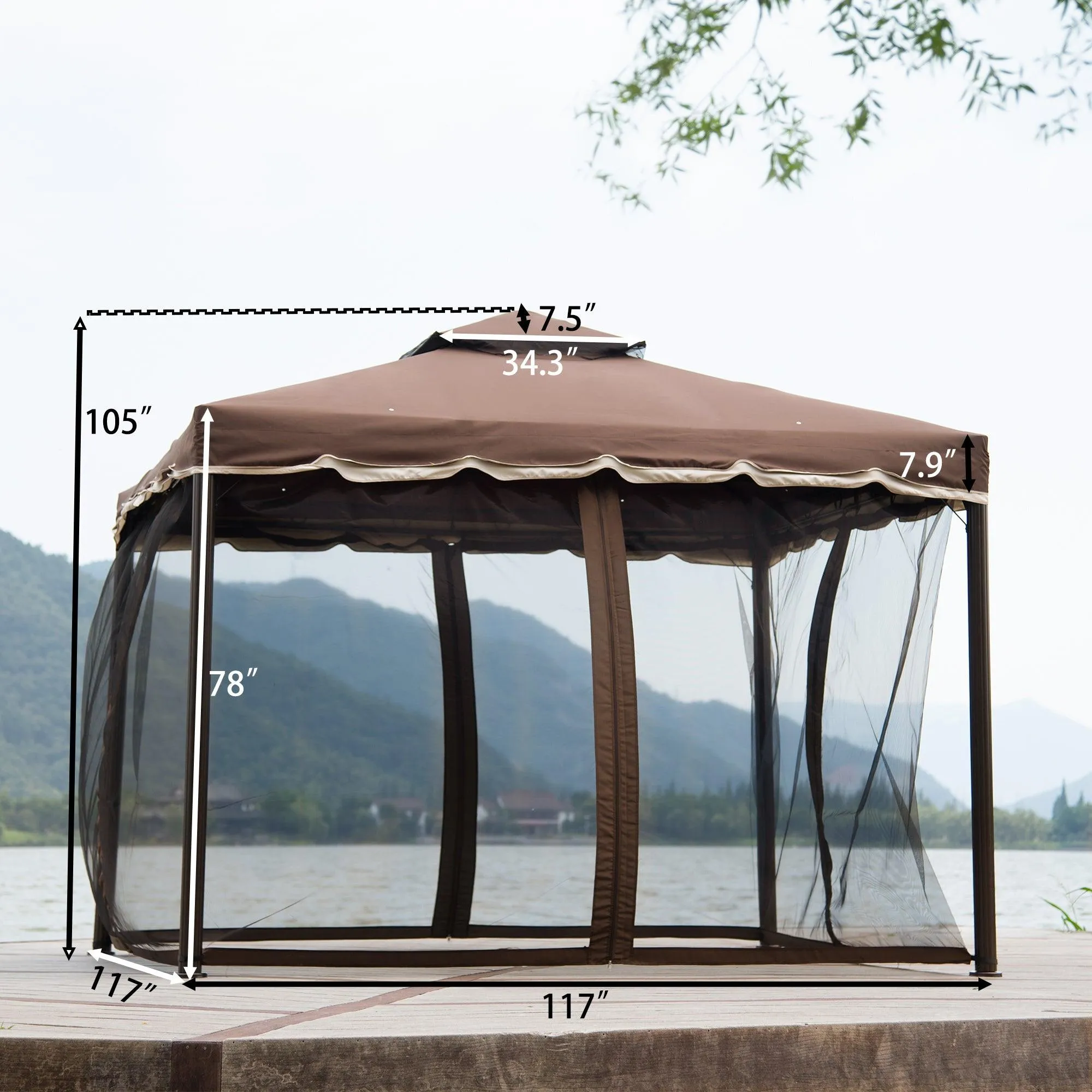 9.8Ft. Wx9.8Ft.LED Outdoor Iron Vented Dome Top Patio Gazebo with Netting for Backyard, Poolside and Deck, Brown