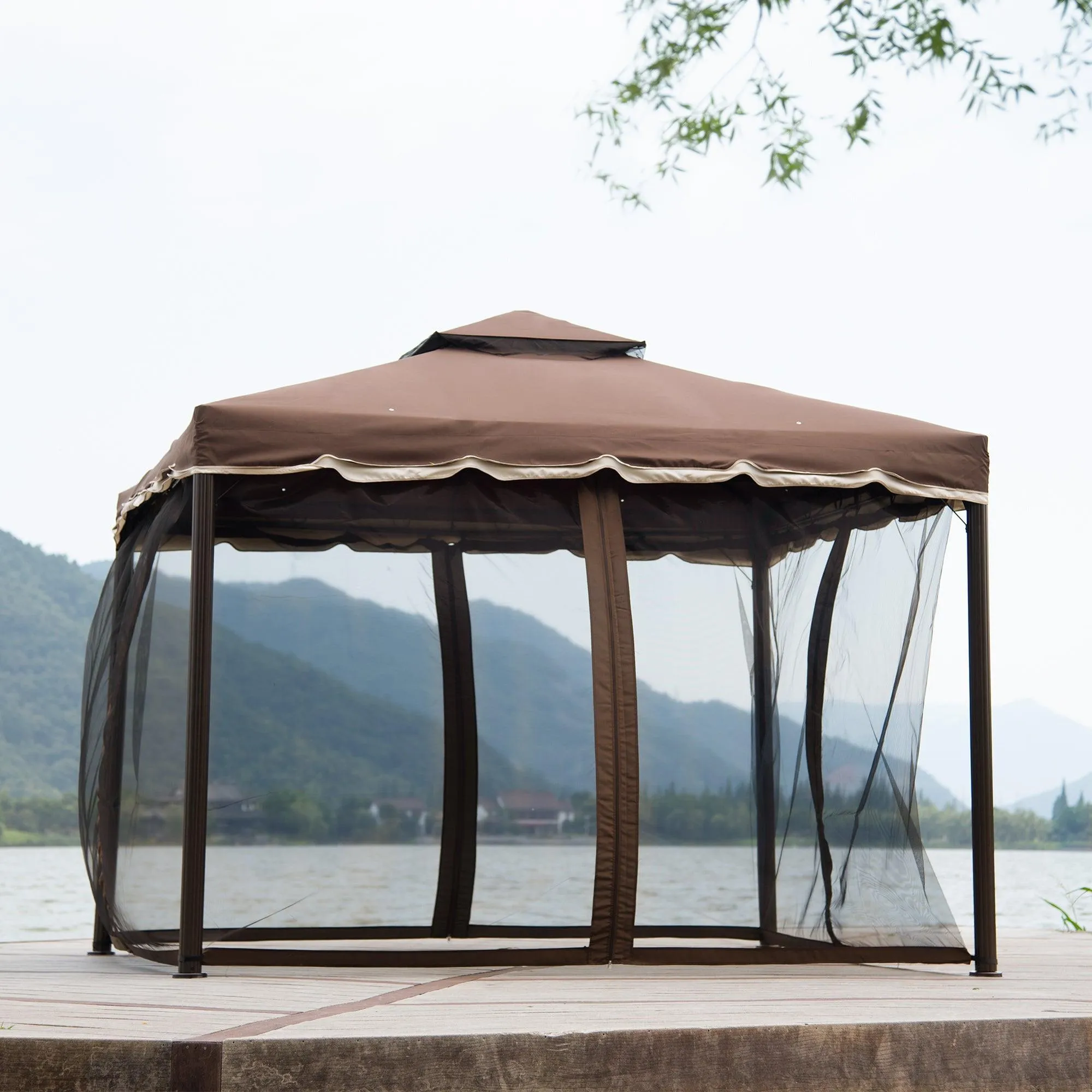 9.8Ft. Wx9.8Ft.LED Outdoor Iron Vented Dome Top Patio Gazebo with Netting for Backyard, Poolside and Deck, Brown