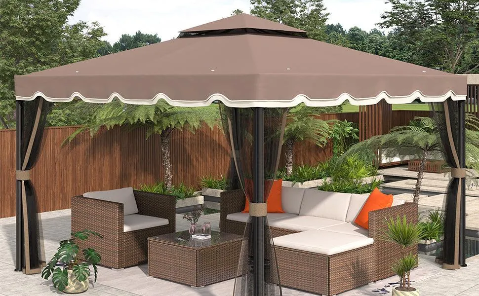 9.8Ft. Wx9.8Ft.LED Outdoor Iron Vented Dome Top Patio Gazebo with Netting for Backyard, Poolside and Deck, Brown