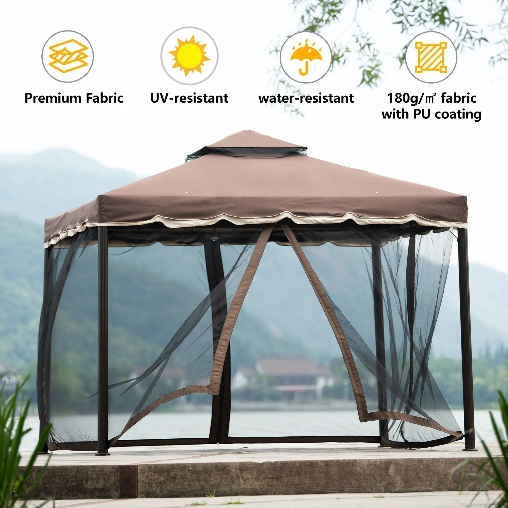 9.8Ft. Wx9.8Ft.LED Outdoor Iron Vented Dome Top Patio Gazebo with Netting for Backyard, Poolside and Deck, Brown