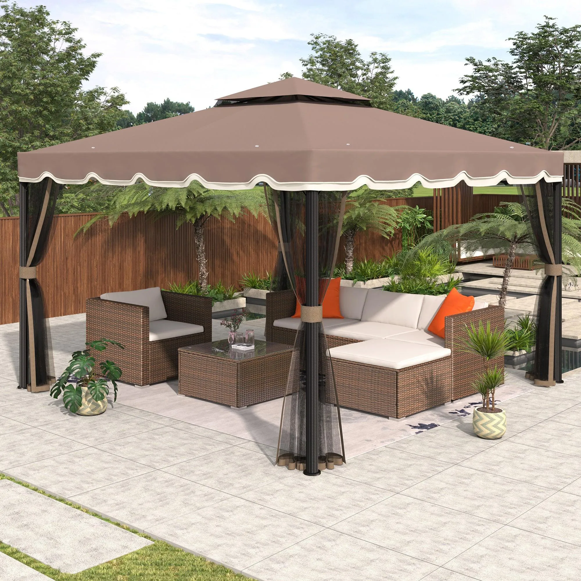 9.8Ft. Wx9.8Ft.LED Outdoor Iron Vented Dome Top Patio Gazebo with Netting for Backyard, Poolside and Deck, Brown