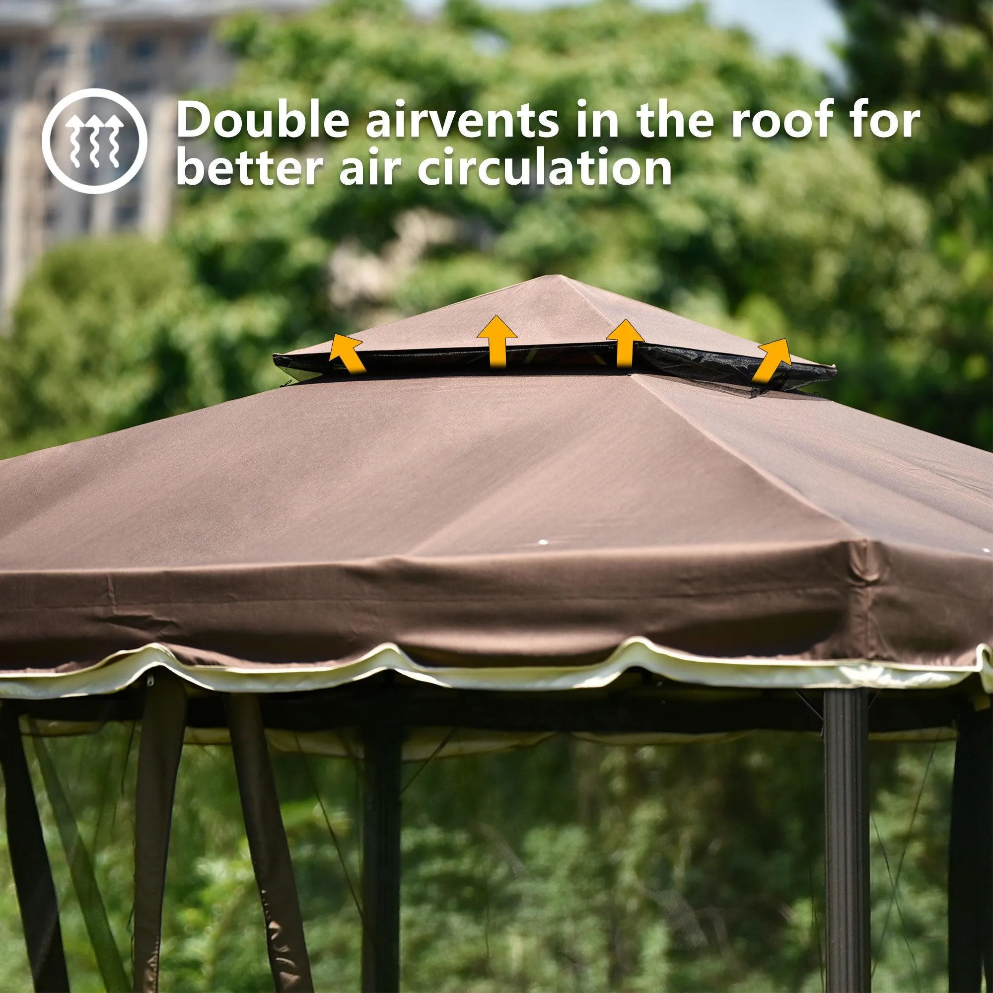 9.8Ft. Wx9.8Ft.LED Outdoor Iron Vented Dome Top Patio Gazebo with Netting for Backyard, Poolside and Deck, Brown