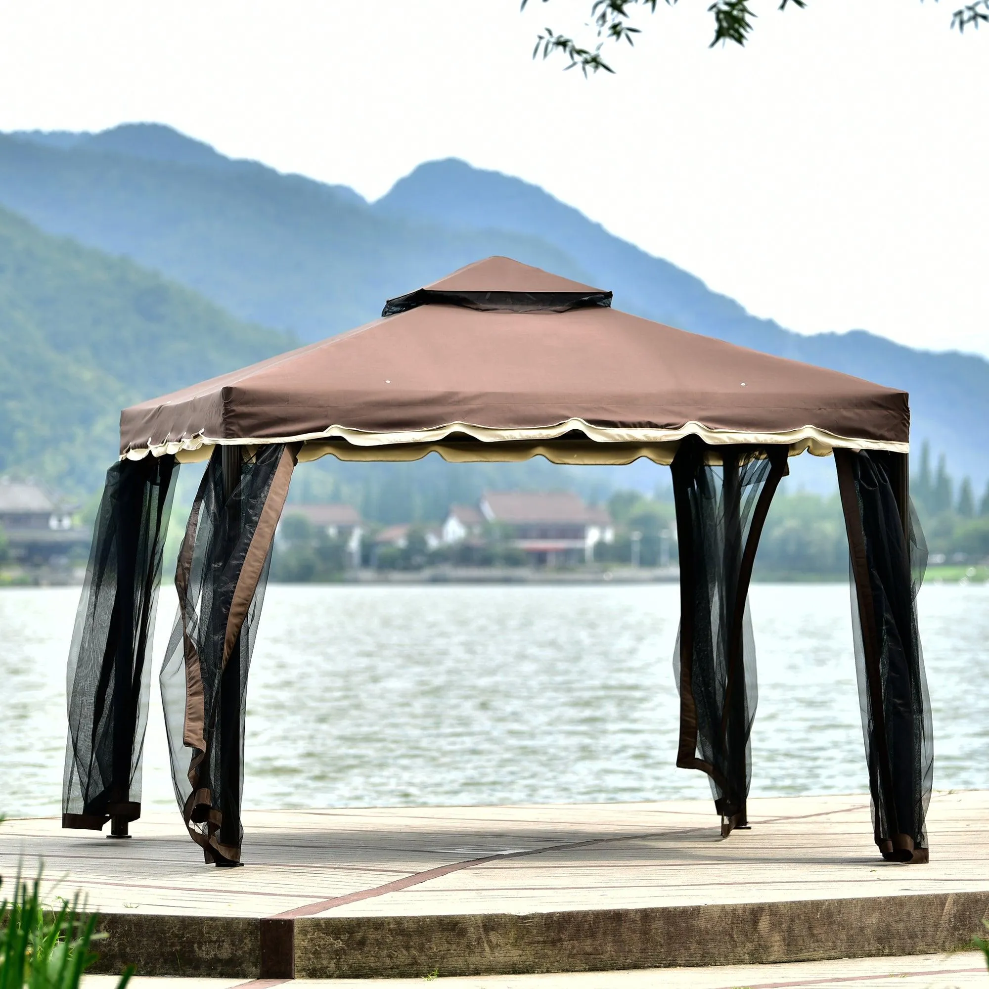 9.8Ft. Wx9.8Ft.LED Outdoor Iron Vented Dome Top Patio Gazebo with Netting for Backyard, Poolside and Deck, Brown