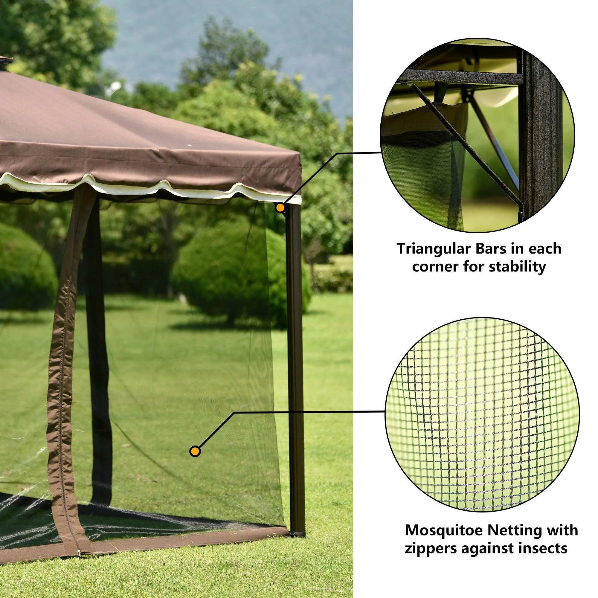 9.8Ft. Wx9.8Ft.LED Outdoor Iron Vented Dome Top Patio Gazebo with Netting for Backyard, Poolside and Deck, Brown