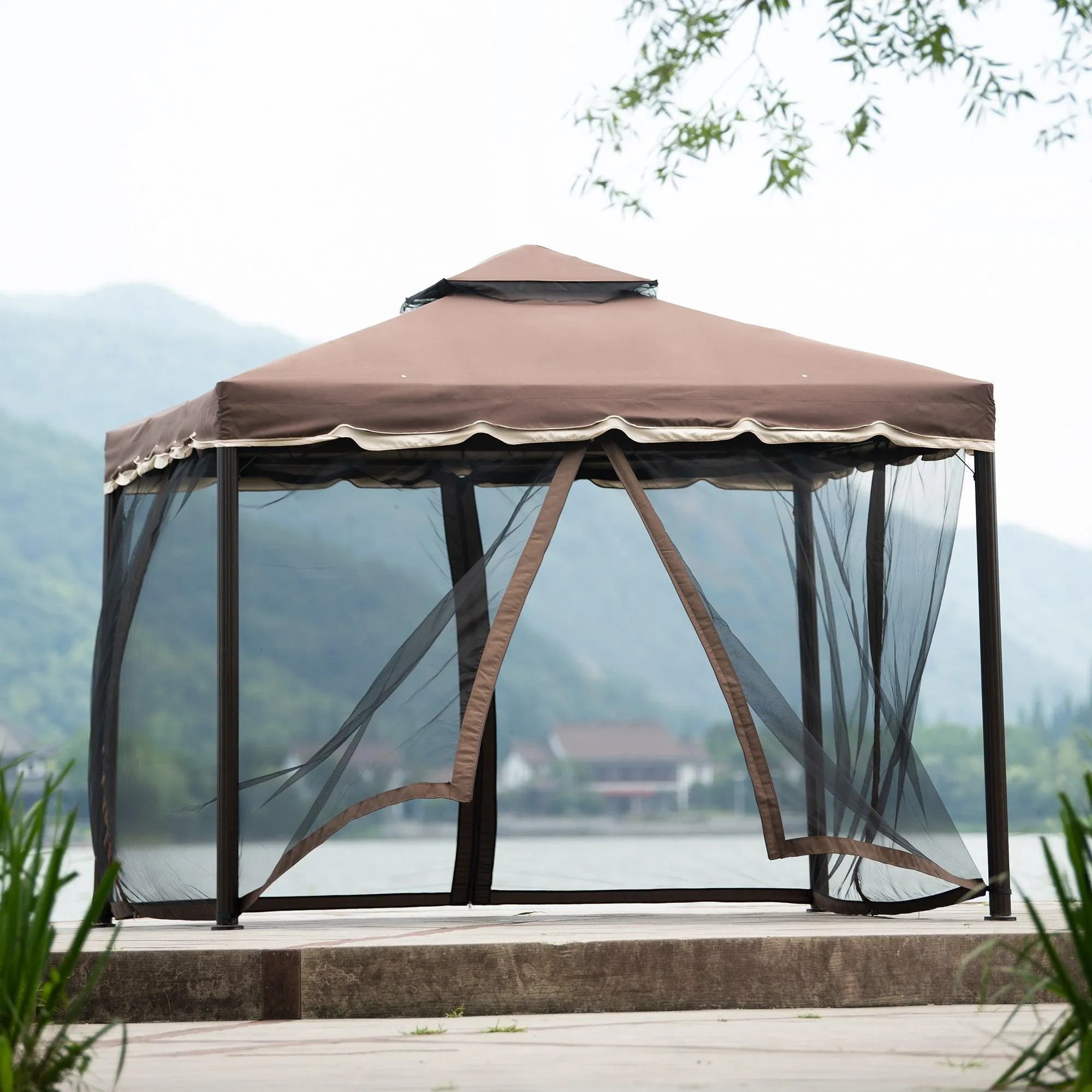 9.8Ft. Wx9.8Ft.LED Outdoor Iron Vented Dome Top Patio Gazebo with Netting for Backyard, Poolside and Deck, Brown