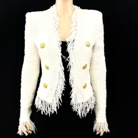 BALMAIN White Metallic Fringe Double Breasted Jacket Size 6/8