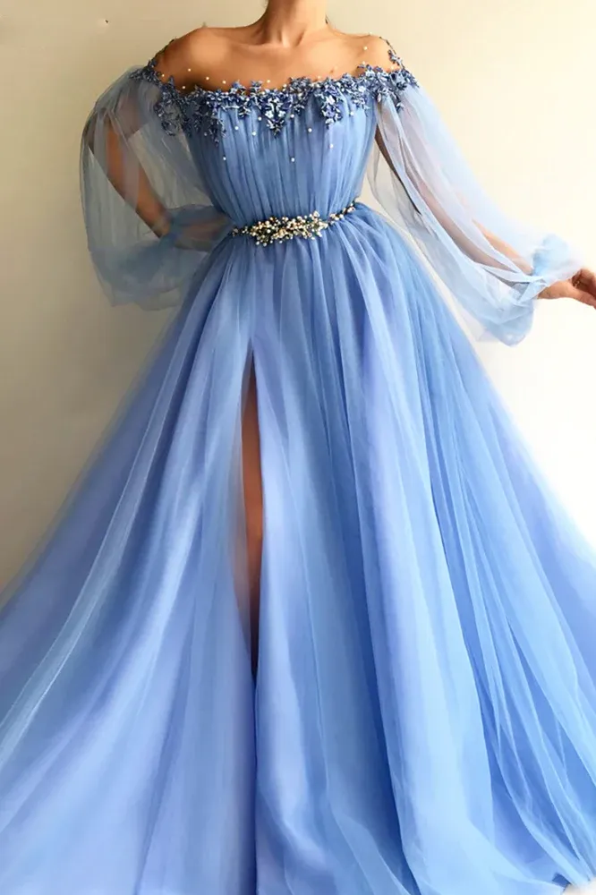 Blue Puff Long Sleeves Sheer Neck Split Prom Dress With Appliques