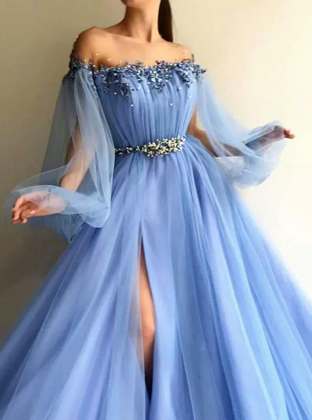 Blue Puff Long Sleeves Sheer Neck Split Prom Dress With Appliques