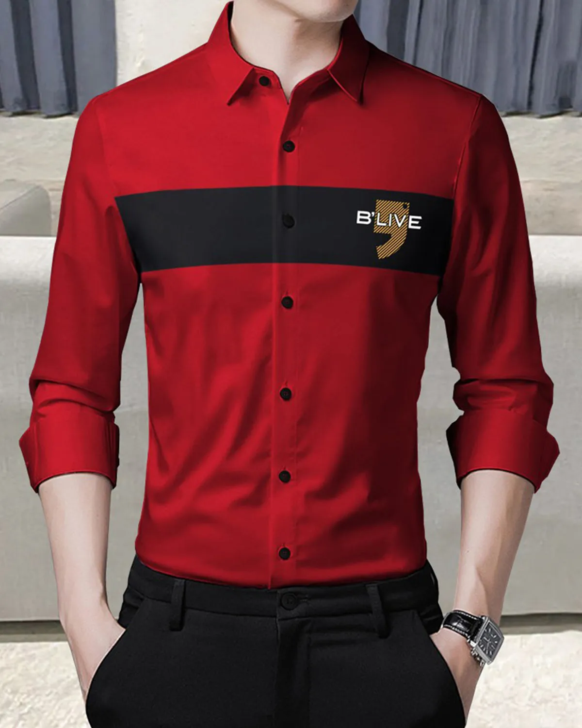 Men Party Wear Red Black Contrast Shirt