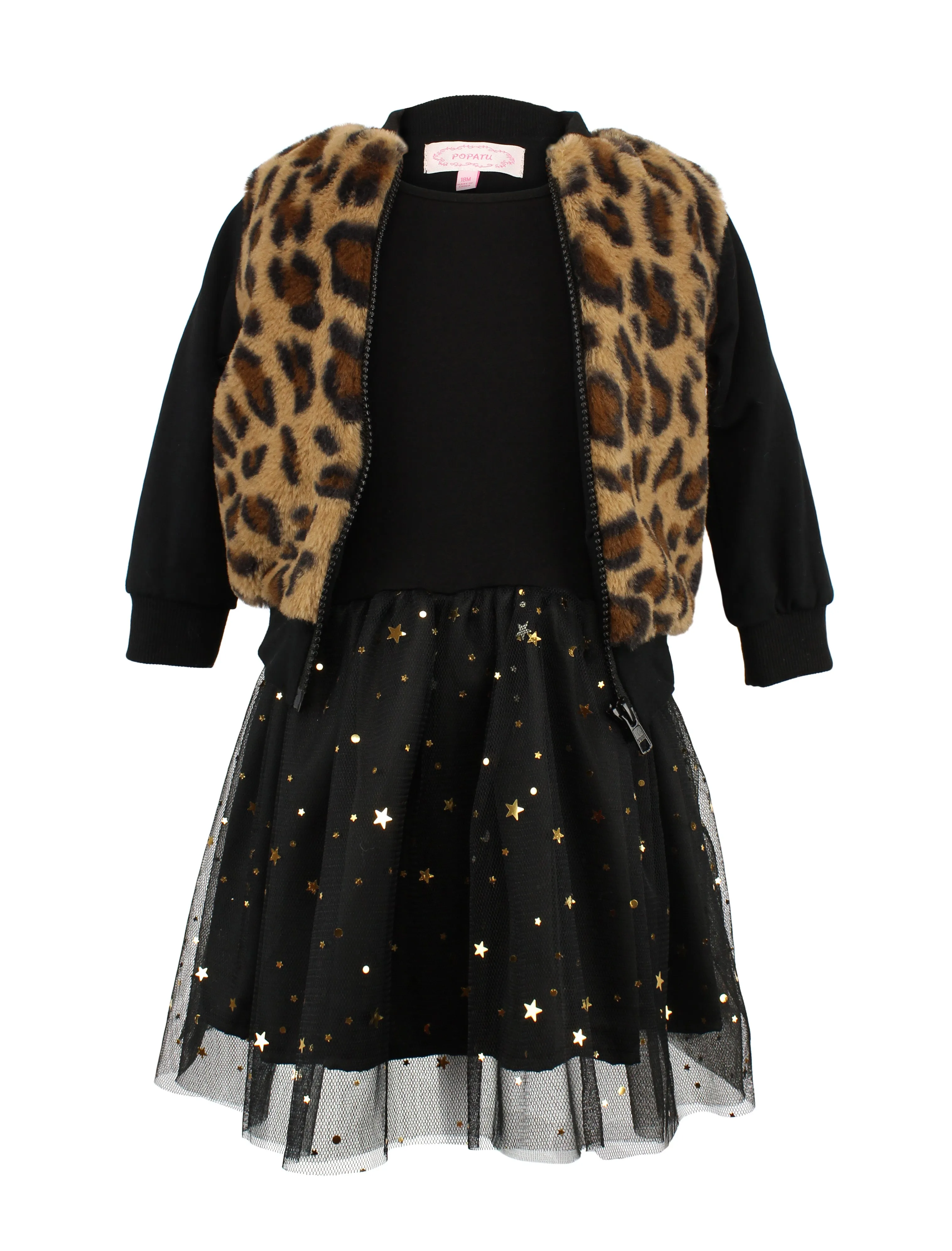 Popatu Baby Girl's Black Dress with Leopard Faux Fur Vest 2-PC Set