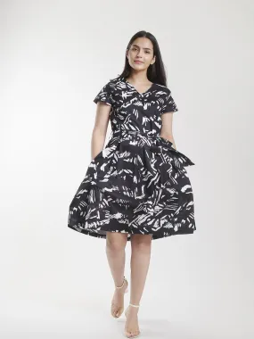 Printed Cotton Angarakha Flare Dress - Black