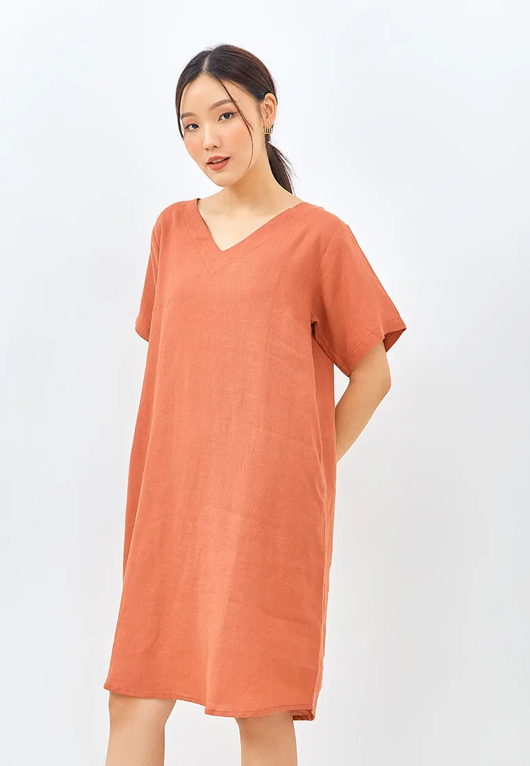 V-Neck Linen Lounge Dress in Burnt Orange