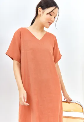 V-Neck Linen Lounge Dress in Burnt Orange