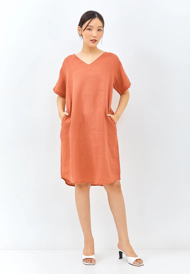 V-Neck Linen Lounge Dress in Burnt Orange