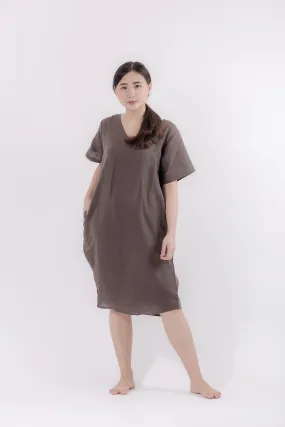 V-Neck Linen Lounge Dress in Coffee Brown