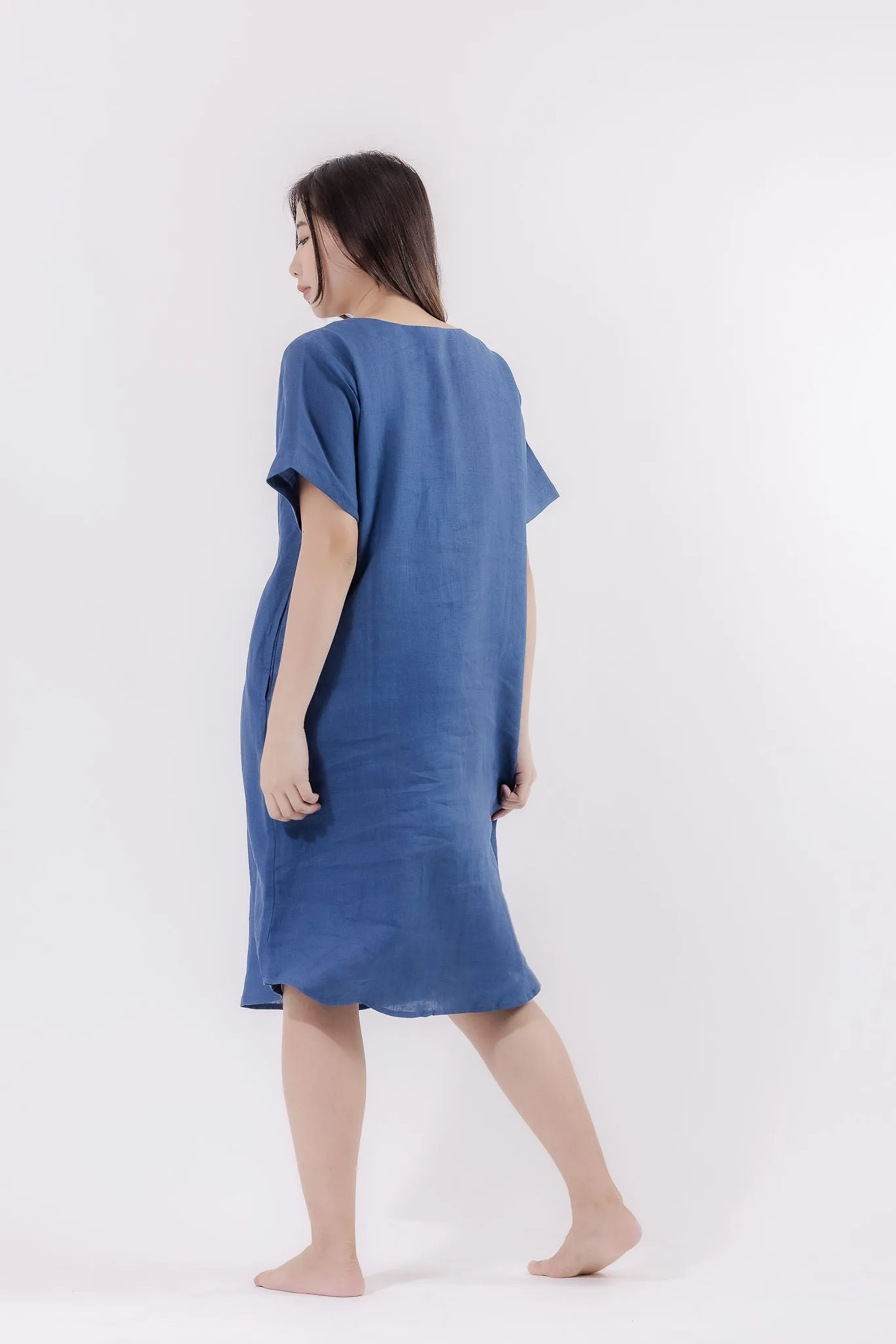 V-Neck Linen Lounge Dress in Dark Blue