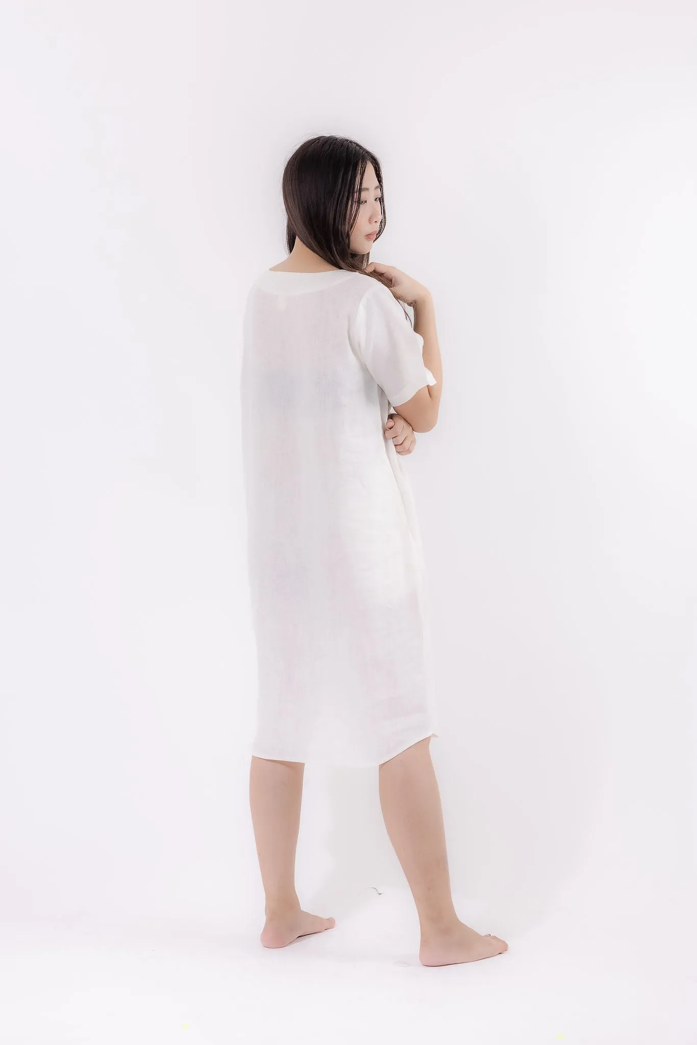 V-Neck Linen Lounge Dress in White