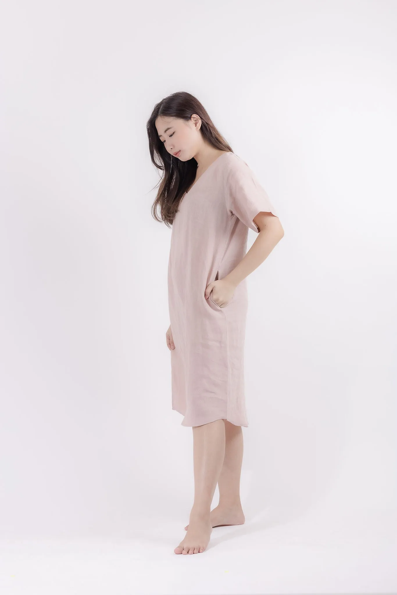 V-Neck Lounge Dress in Dusty Pink